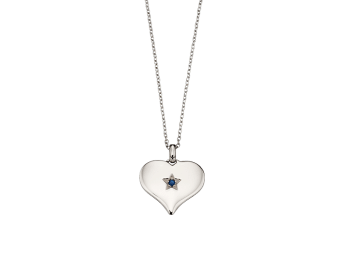 silver heart necklace with sapphire