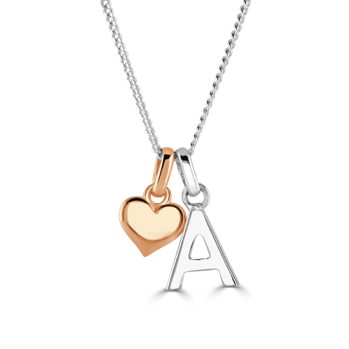 Sterling Silver Alphabet "A" and Rose Gold Heart Charm Necklace